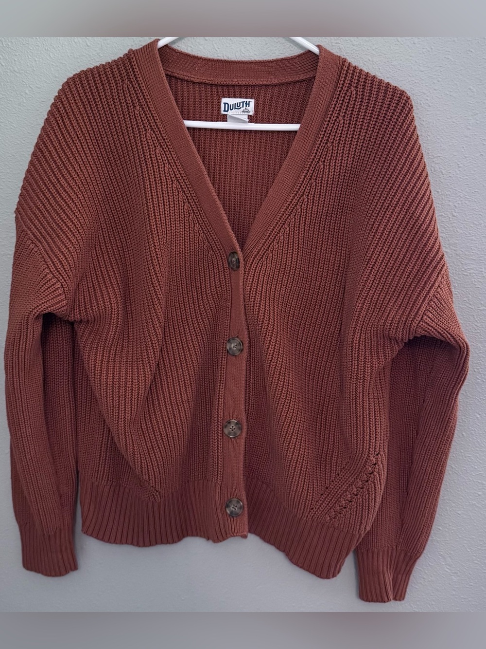 Duluth Trading Co Cotton Rust Brown Button-Front Ribbed Cardigan